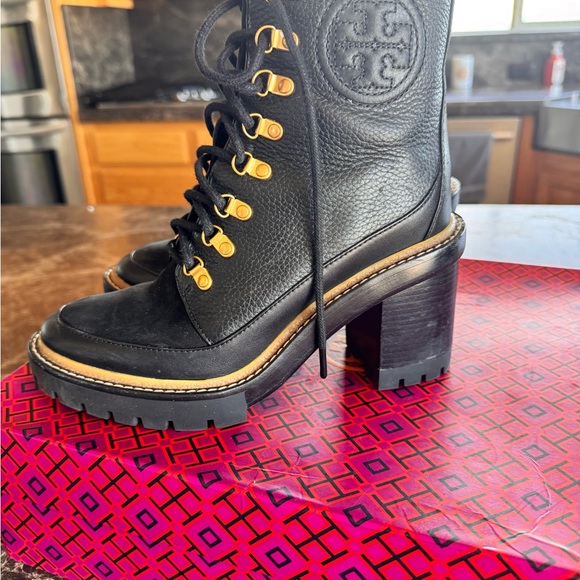 Tory Burch brand Black and Gold Heeled Boots with Chunky Heel - Picture 9 of 11